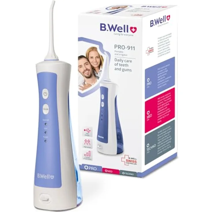B.Well PRO-911, Tragbare Munddusche mit 3 Betriebsarten, 360-Grad-Düsendrehung, USB-Aufladung für zwei Benutzer