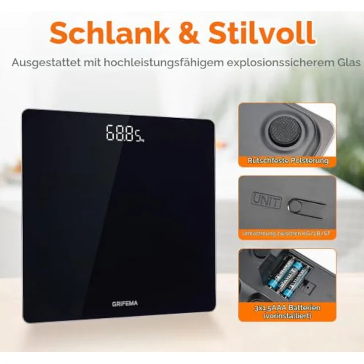 GRIFEMA GA2001-28 Digital Personenwaage mit 180 kg Maximalgewicht, 28×28 cm, Schwarz, Sicherheitsglas, großes LED-Display – Bild 5