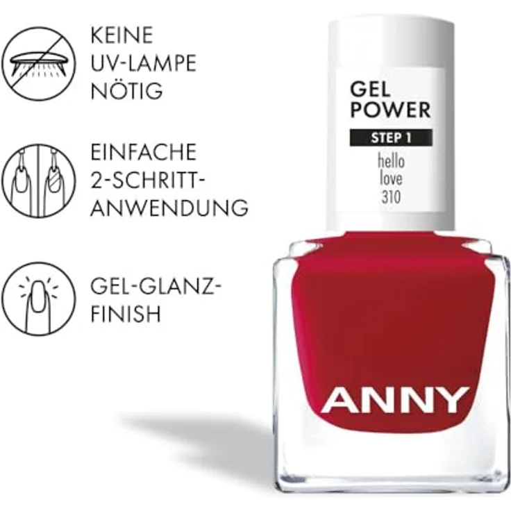 ANNY Gel Power Nail Polish - Gel-Farb-Nagellack ohne UV-Lampe, brillanter Glanz, bis zu 12 Tage Halt, splitter- & kratzresistent, Farbe: Hello Love - Klassisches Signalrot, 8 ml – Bild 4