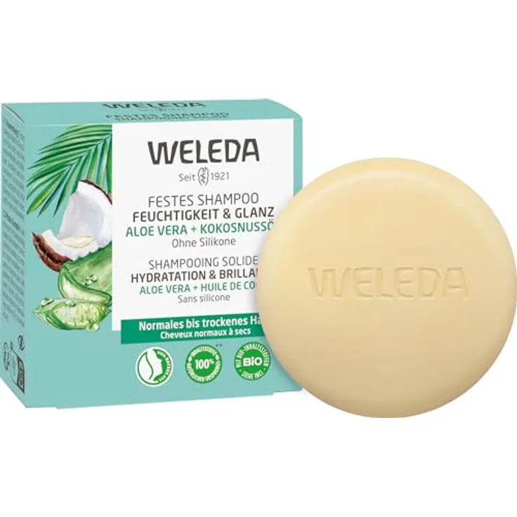 WELEDA Bio Festes Shampoo Feuchtigkeit & Glanz - Naturkosmetik Haarpflege Seife mit Aloe Vera, Kokosnussöl & Hanfprotein, vegan (50g)