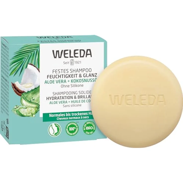 WELEDA Bio Festes Shampoo Feuchtigkeit & Glanz - Naturkosmetik Haarpflege Seife mit Aloe Vera, Kokosnussöl & Hanfprotein, vegan (50g) – Bild 1