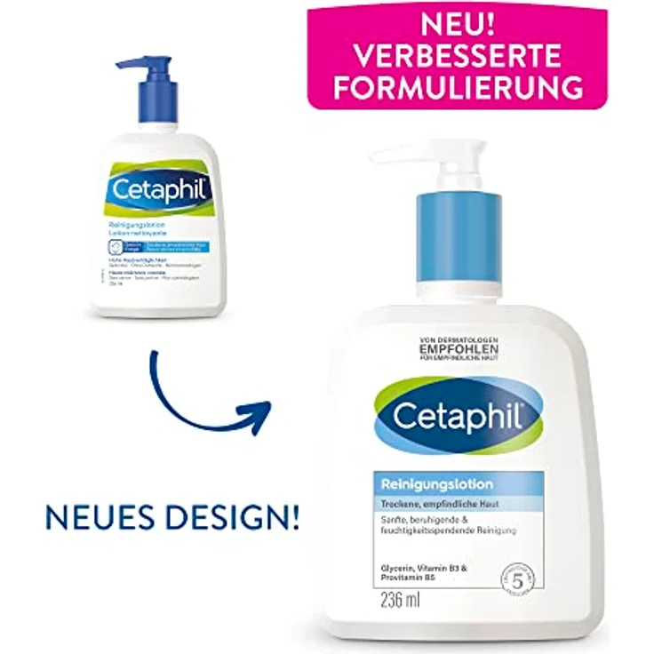 Cetaphil Reinigungslotion, 236ml, Für trockene, empfindliche Haut, Gesichtsreinigung mit und ohne Wasser anwendbar, Seifenfrei, Kein Augenbrennen – Bild 2