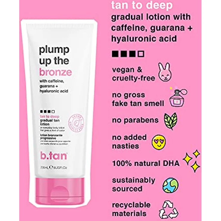 B.TAN Graduelle Selbstbräunungslotion Plump Up the Bronze, mit Koffein, Guarana und Hyaluronsäure, Vegan, 200 ml – Bild 3