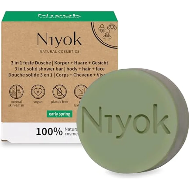 Niyok® 3-in-1 Feste Dusche "Early Spring" (80g) • Bio Naturkosmetik • Plastikfrei & Vegan • Für Körper, Haare & Gesicht – Bild 1