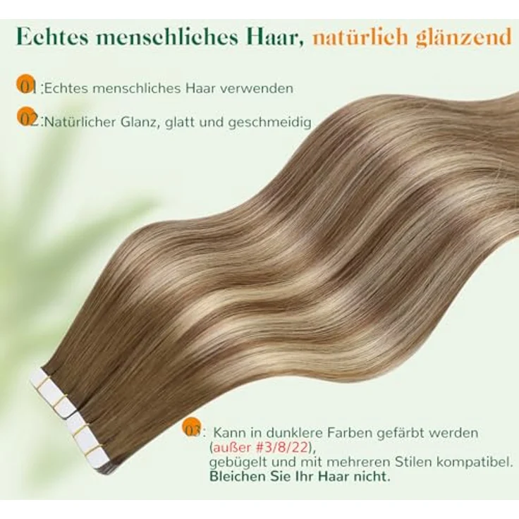 Easyouth Haarverlängerung, Echthaar Balayage in Hellbraun mit Blond, 35 cm, 40 g, 20 Stück, Remy-Echthaar, glatt, klebend – Bild 5