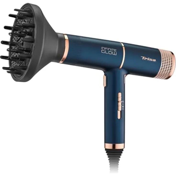 Trisa Haartrockner Infinite Glow, extra leichter Föhn mit 3 Heiz- & 2 Lüftungsstufen, Diffusor, Ondulierdüsen, Kaltlufttaste, langem Kabel und abnehmbarem Gitter – Bild 3