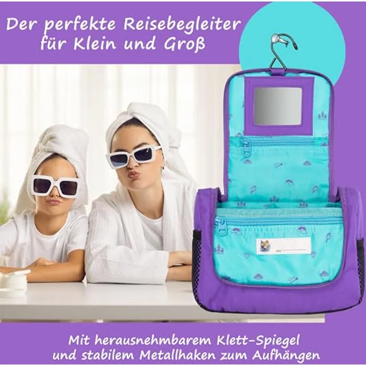 GRINSEZWERGE Kinder Kulturtasche, Reise Kulturbeutel zum Aufhängen mit großem Hauptfach, 7 Fächern, abnehmbarem Spiegel und Namensschild – Bild 3