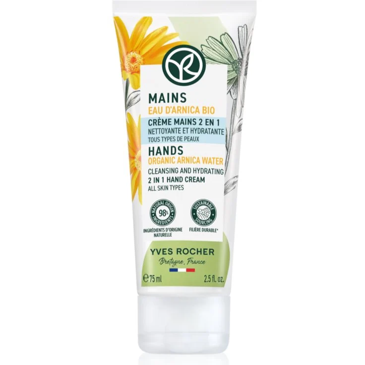 Yves Rocher Mains, feuchtigkeitsspendende Handcreme mit antibakteriellem Zusatz aus Organic Arnica Water, 75 ml