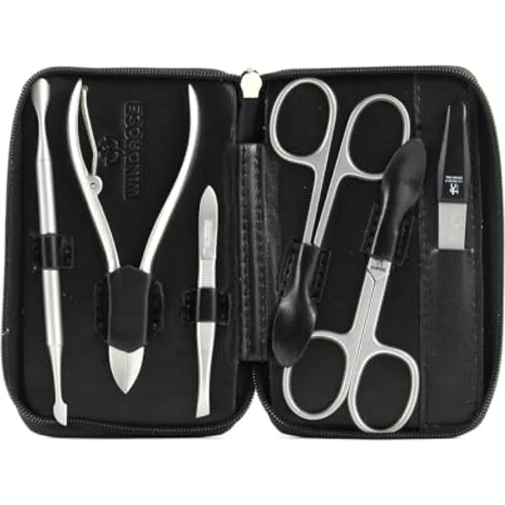 Windrose Ambiance Maniküre-Set M, Nagelpflegegerät aus 100% Leder, schwarz, mit Schere, Nagelfeile, Nagelhautschieber und Pinzette, 12.5 cm – Bild 2