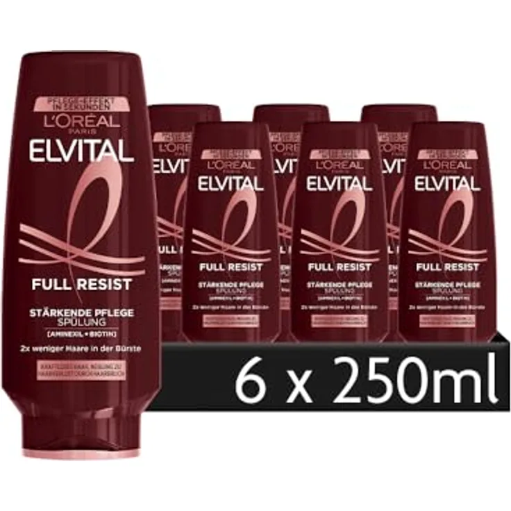 L'Oréal Paris Elvital Full Resist Pflege-Spülung, gegen Haarausfall durch Haarbruch, mit Biotin und Full Resist Power Booster, 6 x 250 ml