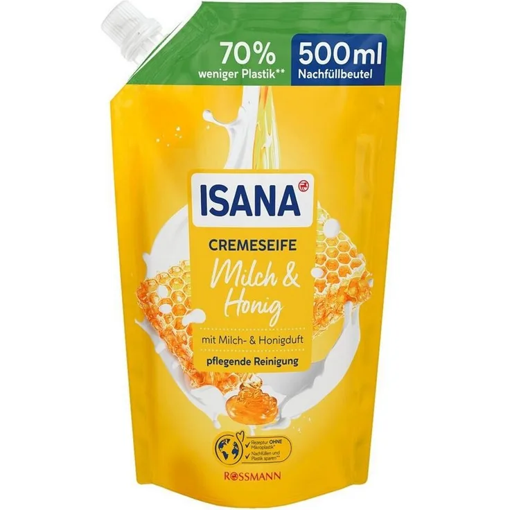 ISANA Flüssigseife Milch & Honig, Nachfüllbeutel 500 ml, dermatologisch getestet, pH-hautneutral, ohne Mikroplastik, gelb