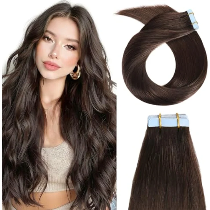YILITE Tape in Extensions Echthaar 45cm #2 Dunkel Braun, Nahtlos, 20 Stück, 50g, 2-3 Monate haltbar – Bild 1