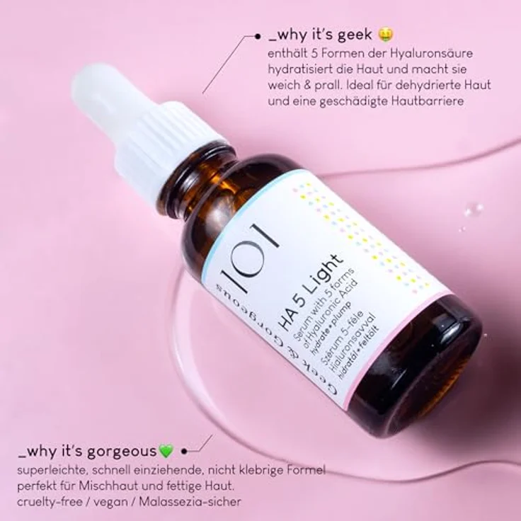 Geek & Gorgeous - HA 5 Light - Hyaluron Serum für das Gesicht, feuchtigkeitsspendend und straffend, 5 Hyaluronsäurearten, für Mischhaut und fettige Haut, 30 ml – Bild 3
