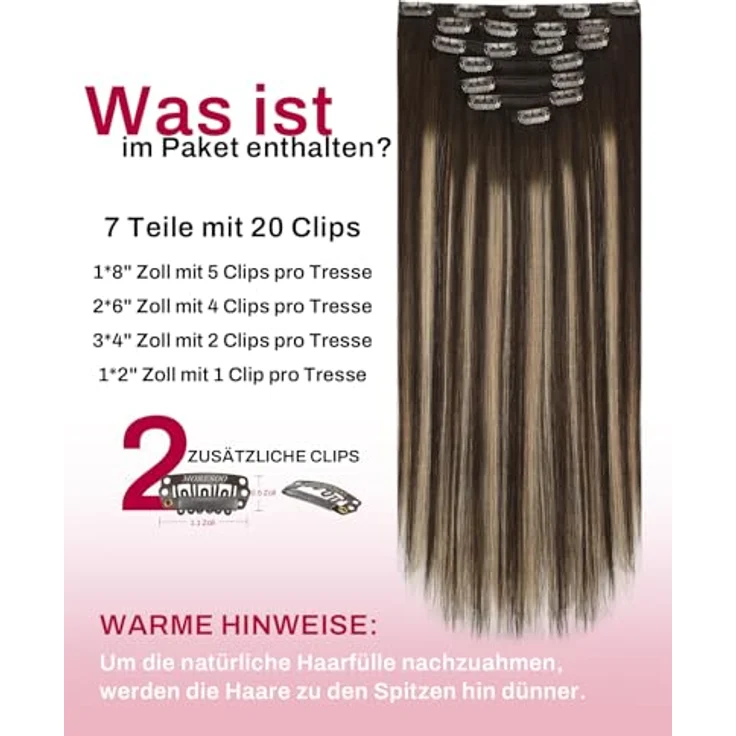 Moresoo Clip in Extensions Echthaar Balayage Remy, Ombre Dunkelbraun mit Karamellblond, 7pcs 120g, 45 cm – Bild 3
