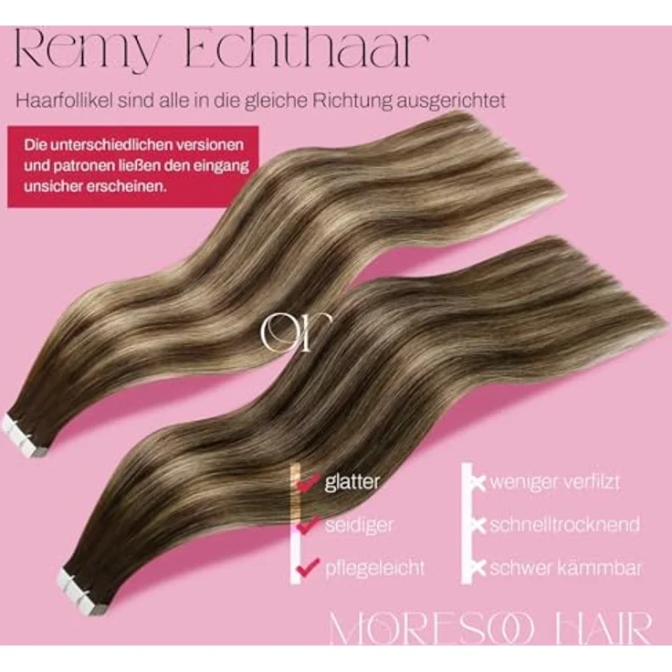 Moresoo Echthaar Extensions Tape, Balayage Dunkelbraun mit Karamellblond, 50g, 60 cm, 20 Tressen, Remy Echthaar, Seamless Skin Weft – Bild 2