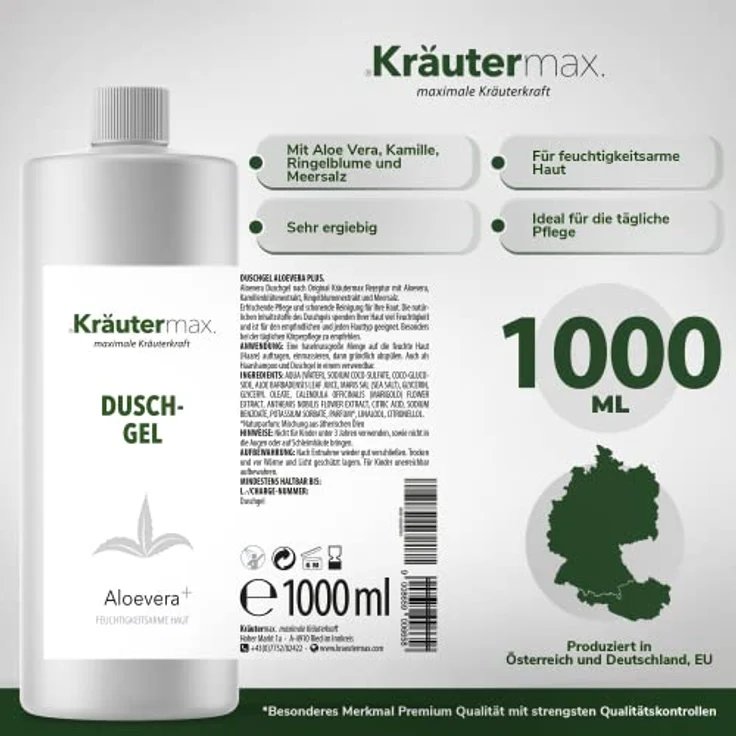 Kräutermax. Aloe Vera Duschgel Reinigungsgel für Körper und Haare, 1000 ml - Mit 100% Aloe Vera Gel, Kamille und Meersalz – Bild 4