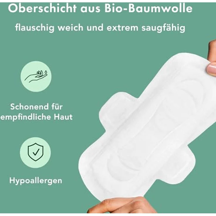 Rael Bio-Baumwollüberzug Damenbinden mit Flügeln, ultra-dünn, auslaufschutz, hypoallergen, vegan & tierversuchsfrei (Regulär, 56 Stück) – Bild 4