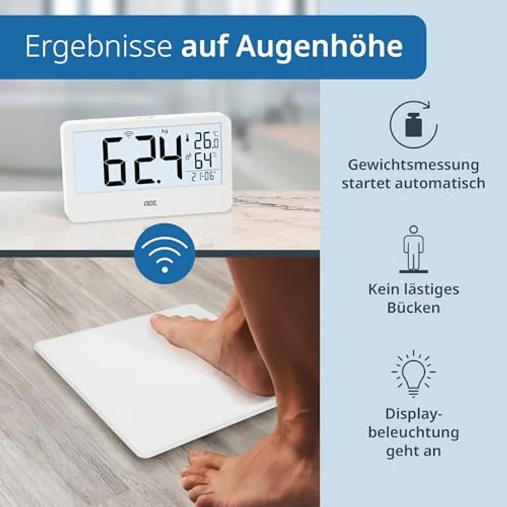 ADE Digitale Personenwaage Ronja, Funk-Display bis 180 kg, ablesbar auf Augenhöhe, mit Baduhr, Hygrometer und Innenthermometer, weiß – Bild 3