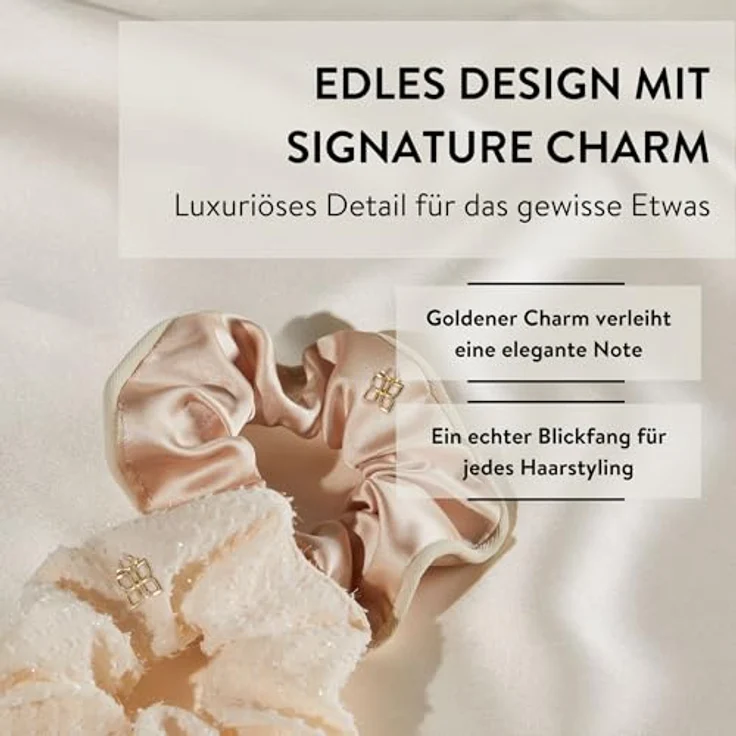 PARSA Beauty Scrunchie Set, nude, edles Haargummi-Set mit goldenem Signature Charm, haarschonend und vielseitig für jeden Anlass – Bild 4