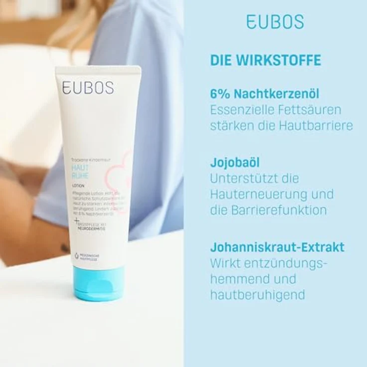 EUBOS Kinder HAUT RUHE Lotion, 200 ml, mit 6% Nachtkerzenöl und Johanniskraut-Extrakt, für trockene Haut, frei von Mikroplastik und Parfüm – Bild 4