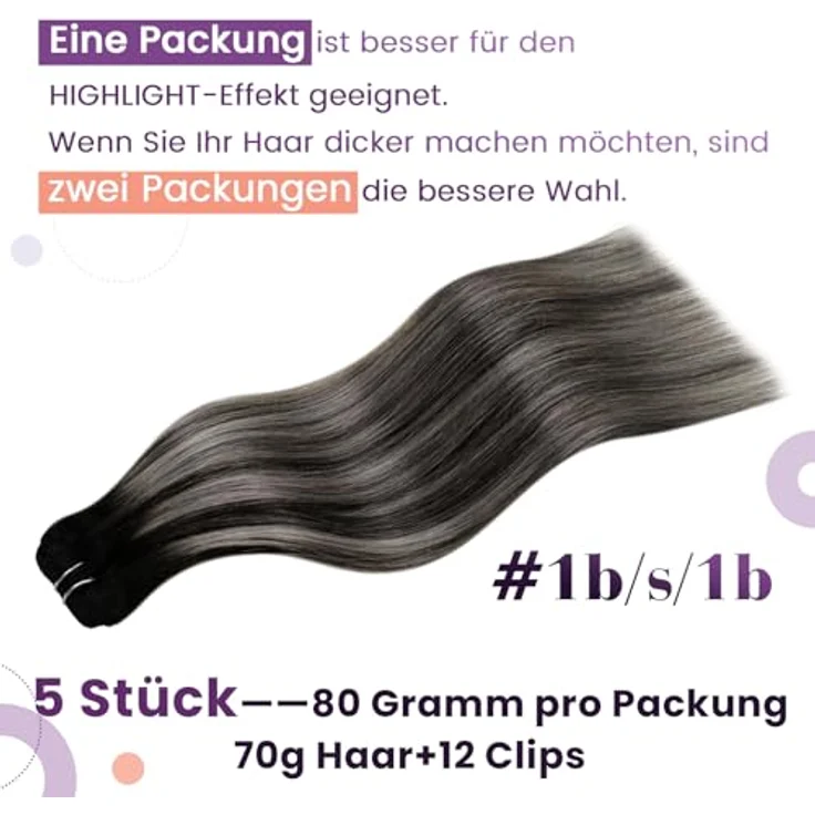 LaaVoo Clip Echthaar Extensions Schwarz Ombre Silber, 40cm, 70g, 5 Stück, Remy Echthaar, Glatt – Bild 3