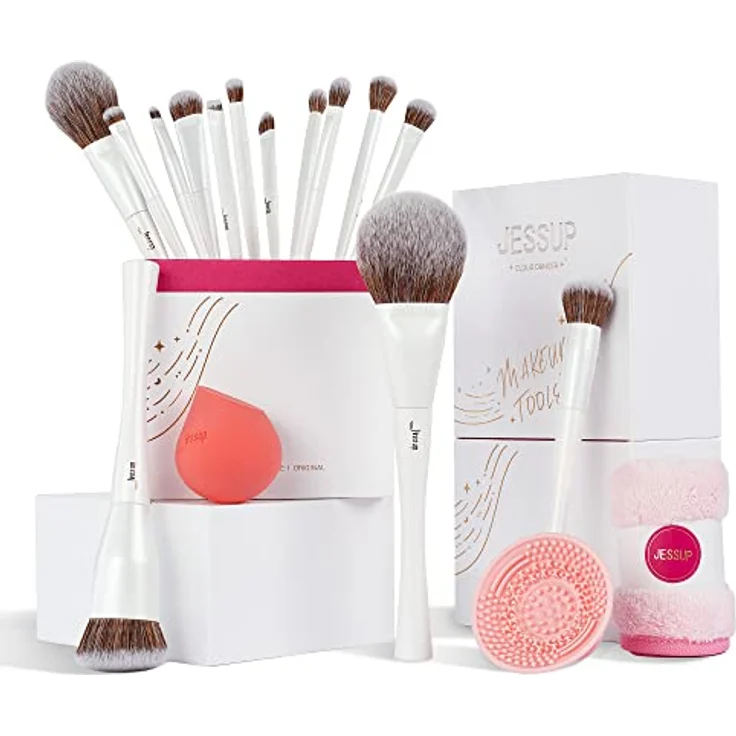 Jessup T333 Pinselset 14 Stk Makeup Pinsel mit Schwamm, Pinselreiniger und Handtuch in Perlweiß, Hochwertiges Geschenkset für Frauen – Bild 1