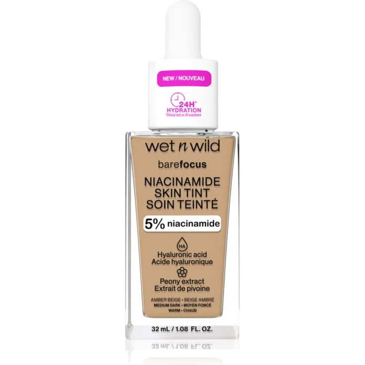 Wet n Wild Bare Focus Niacinamide Skin Tint, leichtes feuchtigkeitsspendendes Make-up mit natürlicher Deckkraft, Farbton Amber Beige (Warm), 32 ml