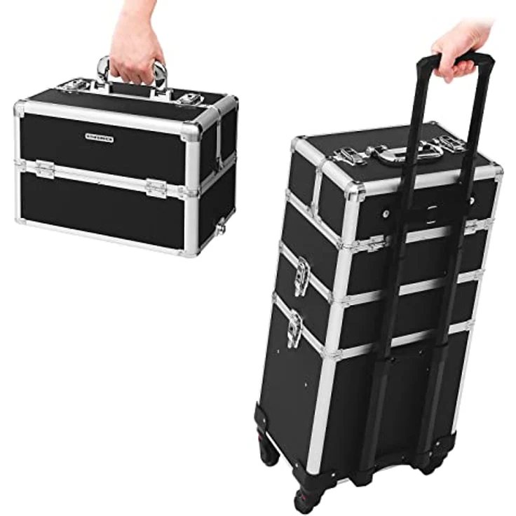 SONGMICS Kosmetikkoffer, Trolley, 3-in-1 Schminkkoffer, groß, abschließbar, 360° drehbare Rollen, für Reisen, schwarz JHZ01B – Bild 4