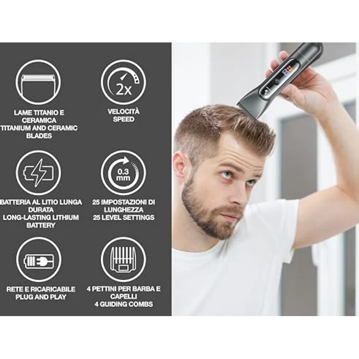 BEPER P304CAP010 Professionelle Herren-Haarschneidemaschine, Titan- und Keramikklingen, LED-Display, 4 Kämme, 2 Geschwindigkeiten, 3h Akku, USB-C, kabelgebunden – Bild 2