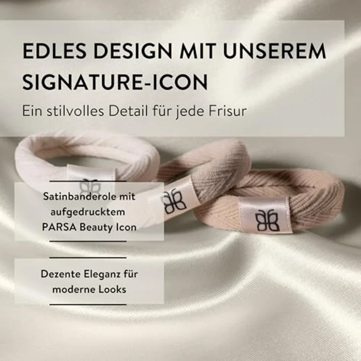PARSA Beauty Signature Zopfhalter, mehrfarbige Haargummis in Nude-Tönen, sanfte Struktur, sicherer Halt ohne Haarbruch, mit Satinbanderole und Signature Icon – Bild 5