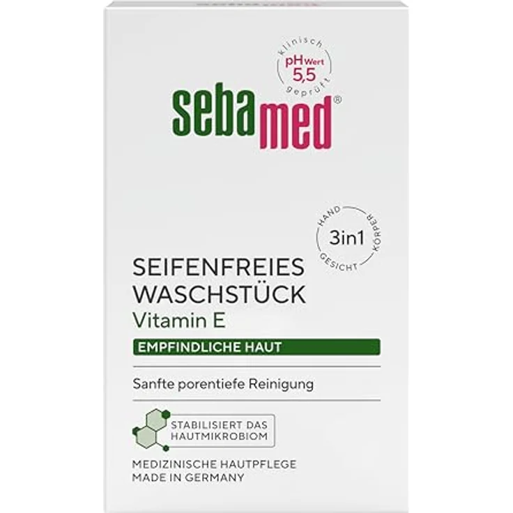 Sebamed seifenfreies Waschstück 150 g, mit Vitamin E und pH 5,5, sanfte porentiefe Reinigung für empfindliche Haut – Bild 1