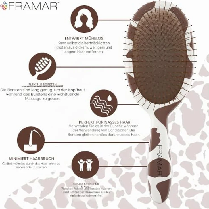 FRAMAR Kuh Muster Entwirrbürste, Anti-Ziep Haarbürste für Langes und Lockiges Haar, Wet Hair Detangler Brush für Damen, schmerzfreies Entwirren – Bild 4