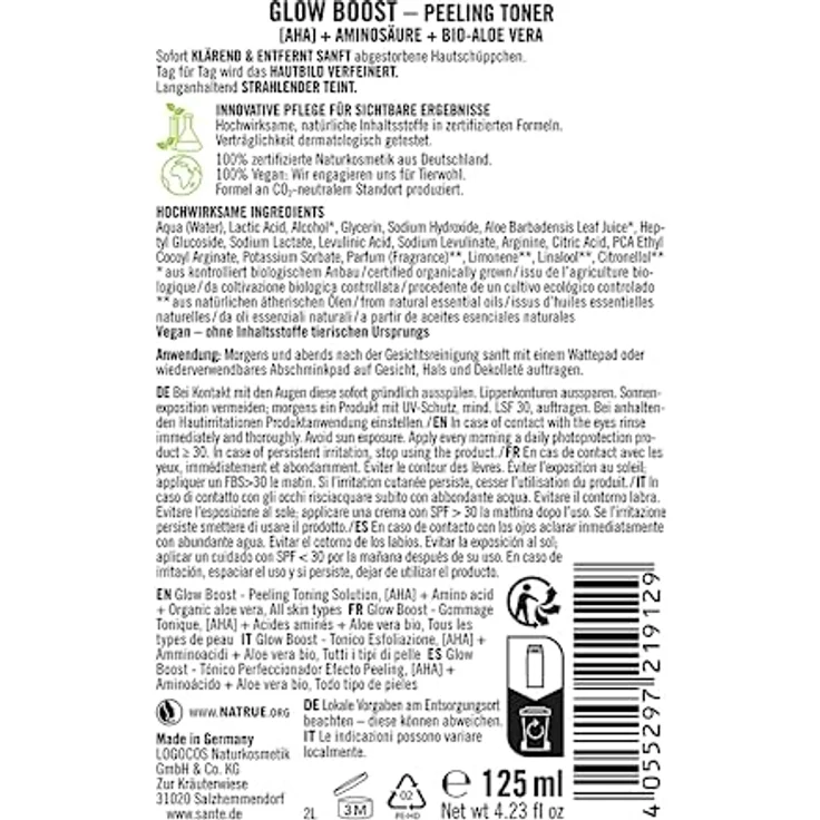 SANTE Naturkosmetik Glow Boost Peeling Toner, klärende Gesichtsreinigung mit AHA, Aminosäure und Bio-Aloe Vera, veganes Gesichtswasser für gepflegte und erfrischte Haut, 125ml – Bild 2