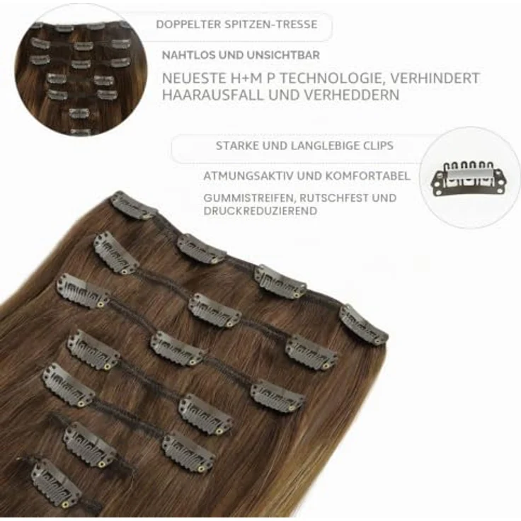 WENNALIFE Clip in Extensions Echthaar, 50cm, 120g, 7pcs, Balayage Schokoladenbraun bis Karamellblond, Remy Haarverlängerung – Bild 3