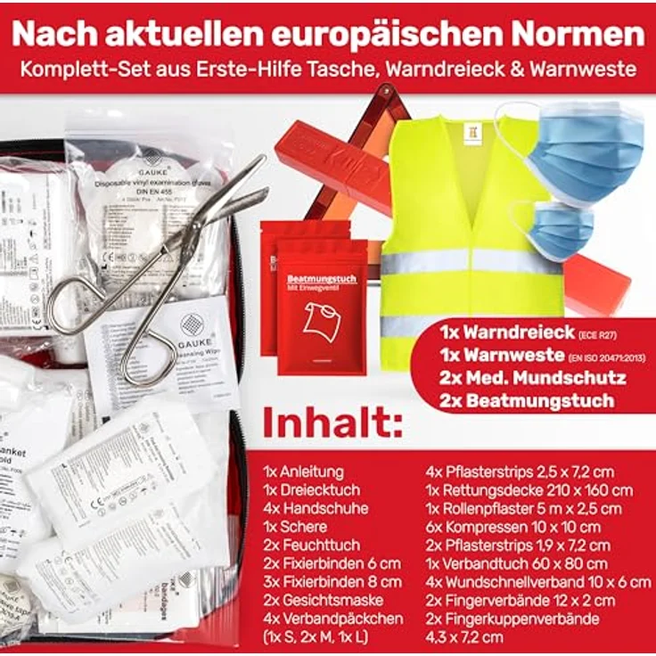 HELDENWERK Erste Hilfe Set Auto 3in1, Verbandskasten mit Warndreieck & Warnweste, EU Norm 2026 – Bild 2