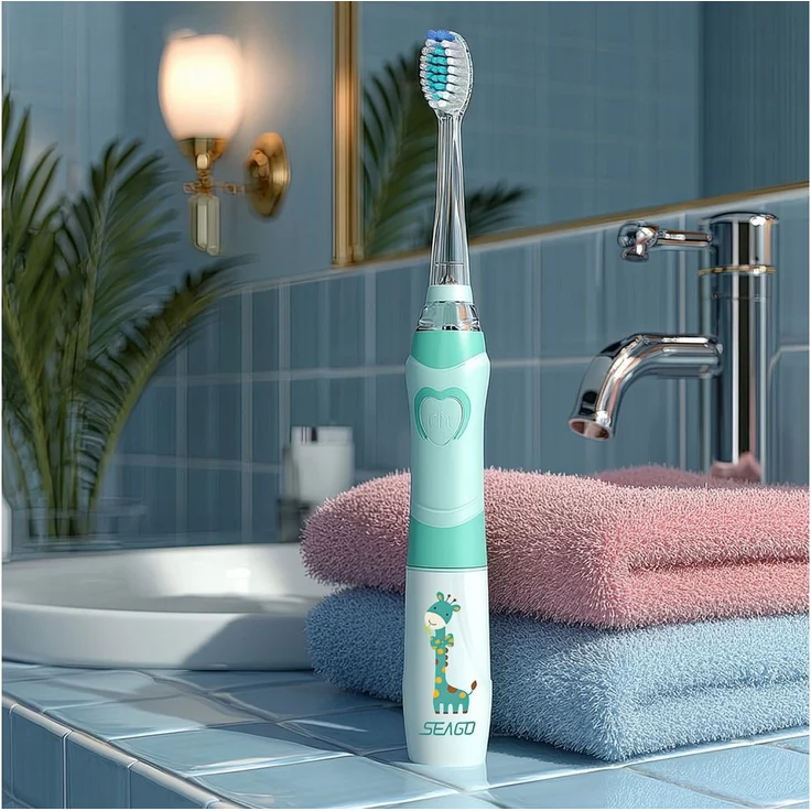 Seago Schallzahnbürste SG-977, Schallzahnbürste für Kinder mit 3 Aufsteckbürsten, IPX7 wasserdicht, ergonomischer Griff und 2-Minuten-Timer