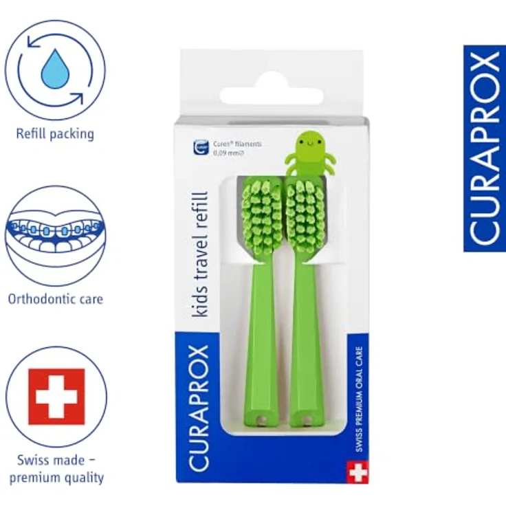 Curaprox Kids Travel Refill, Ersatz-Kopf für Kinderzahnbürsten, grün, 2er Pack mit feinen Borsten – Bild 2