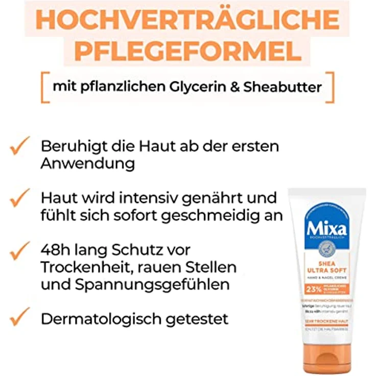 Mixa Shea Ultra Soft Hand & Nagelcreme - pflegender Handbalsam für trockene, rissige und raue Hände, Schutz & intensive Pflege mit Glycerin und Sheabutter, 100 ml – Bild 3
