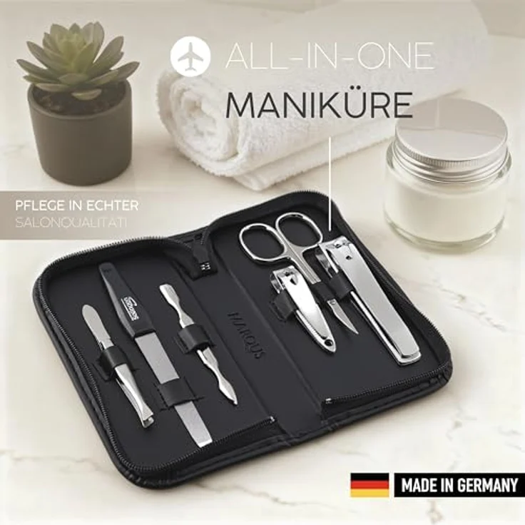 marQus Maniküre Set Solingen, 6-teiliges Nagelset aus glanzvernickeltem Stahl im handlichen Kunst-Leder Etui für Damen und Herren – Bild 5
