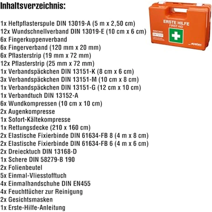Petex Erste-Hilfe-Koffer Profi DIN 13157, Kunststoffkoffer mit Tragegriff, 280 x 115 x 200 mm, orange, wassergeschützt – Bild 3