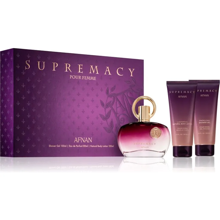 Afnan Supremacy Pour Femme Purple, Geschenkset für Damen mit Eau de Parfum 100 ml, Duschgel 100 ml und Bodylotion 100 ml