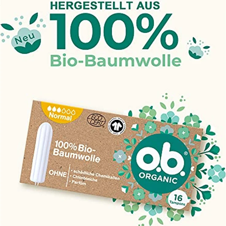 o.b. Tampon Organic Normal, aus 100% Bio Baumwolle, für mittlere bis stärkere Tage, für natürlichen Schutz, 16 Stück – Bild 3