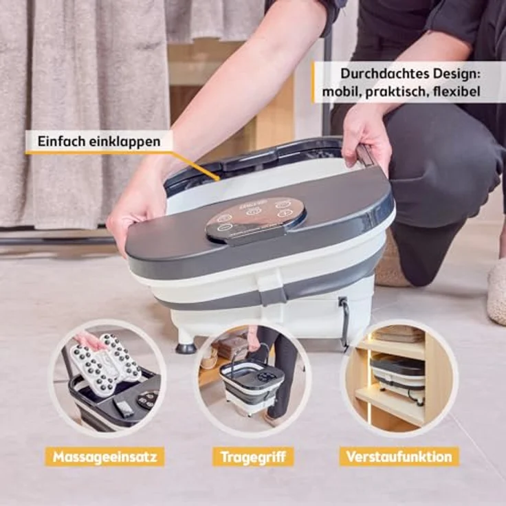 TZS First Austria Fußsprudelbad Modell FA-1402, klappbares Fußmassagegerät mit 500W, 3 Aufsätzen, 6 Massagerollen, Infrarot- & Heizfunktion, Fußbad mit Vibrations- & Luftblasenmassage – Bild 3