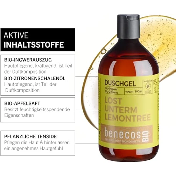 benecos Ingwer Zitrone Duschgel 500 ml mit Bio-Ingwerauszug und Bio-Zitronenschalenöl, sanft reinigend, dermatologisch getestet – Bild 3