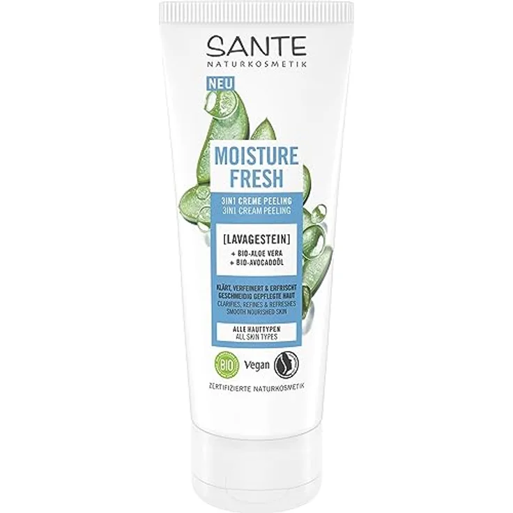 SANTE Naturkosmetik Moisture Fresh 3in1 Creme Peeling mit Lavagestein, Bio-Aloe Vera & Bio-Avocadoöl, klärende Gesichtsreinigung, 100ml, für erfrischende und porentiefe Reinigung