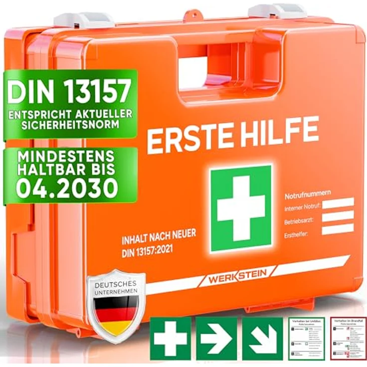 Werkstein Erste-Hilfe-Koffer mit Inhalt nach neuer DIN 13157:2021 I, inkl. Wandhalterung, 5x Aufkleber & Plombe, Verbandskasten für Betriebe, Einrichtungen & Zuhause – Bild 2