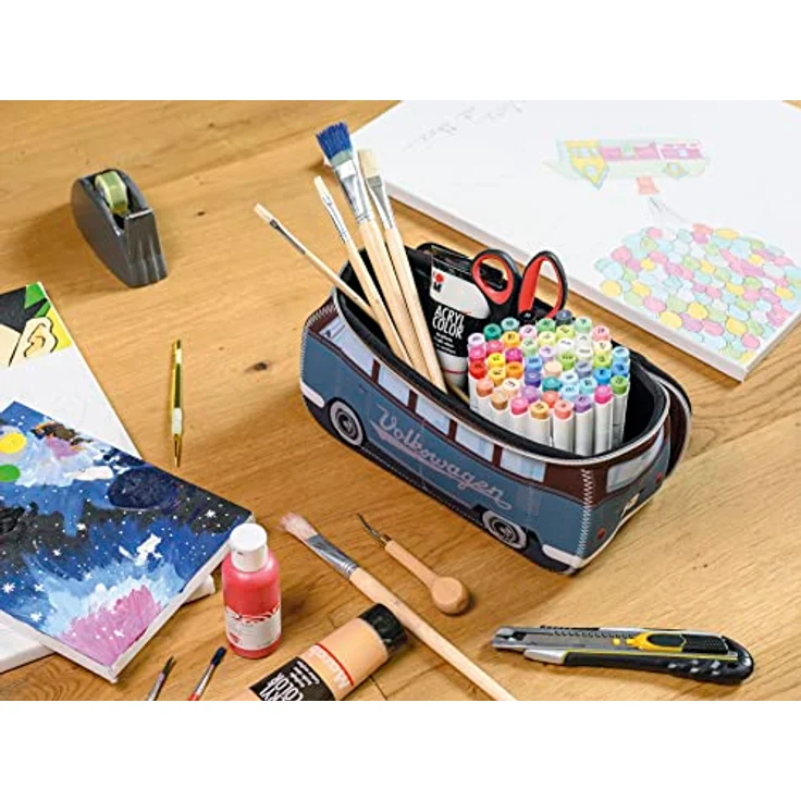BRISA VW Collection - Volkswagen Neopren Universal-Schmink-Kosmetik-Kultur-Reise-Apotheke-Tasche-Mäppchen-Beutel T1 Bulli Bus (Petrol & Braun/Klein) – Bild 4