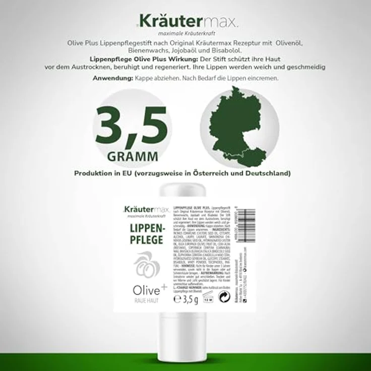 Kräutermax Olive Lippen Balsam, 3,5 g, schützt und regeneriert, ohne synthetische Farbstoffe, Parabene und Silikonöle – Bild 2