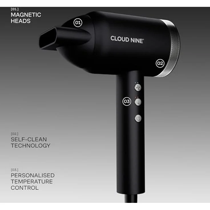 Cloud Nine The Airshot Pro, Haartrockner in Schwarz mit Ionentechnologie und magnetischen Aufsätzen, ultraleicht, leise und Hitzeschutzfunktion – Bild 7