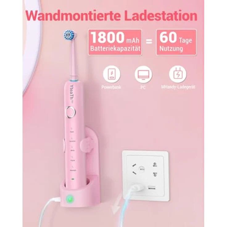 YTEATH PRO Rotierende Elektrische Zahnbürste mit 8 Aufsteckbürsten, 5 Putzmodi, Wandladestation und Reiseetui, 60 Tage Akkulaufzeit, Rosa – Bild 5